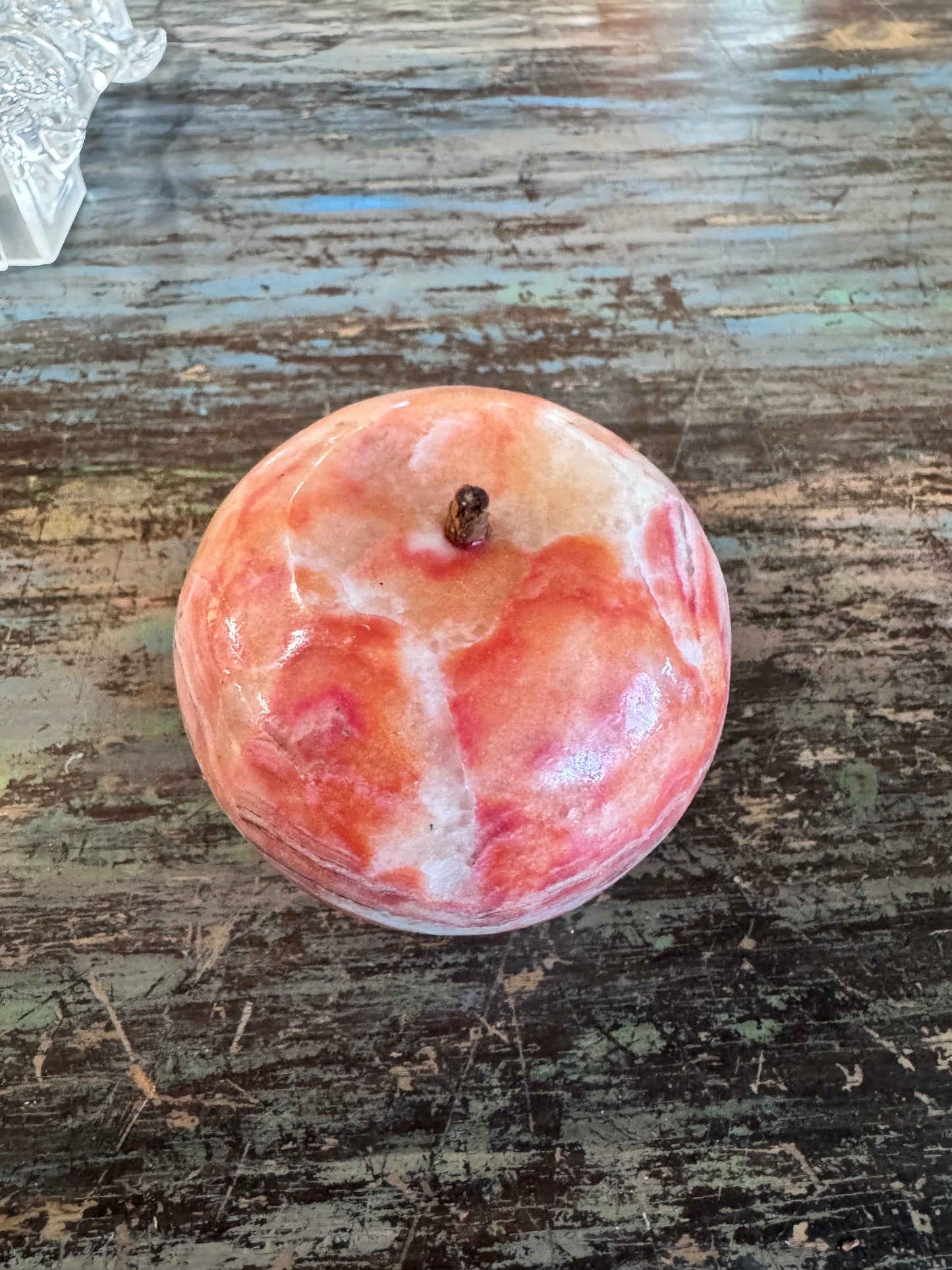 Hand Carved Red Onyx Apple - Polished Stone Fruit Sculpture - Natural Banded Marble Decor