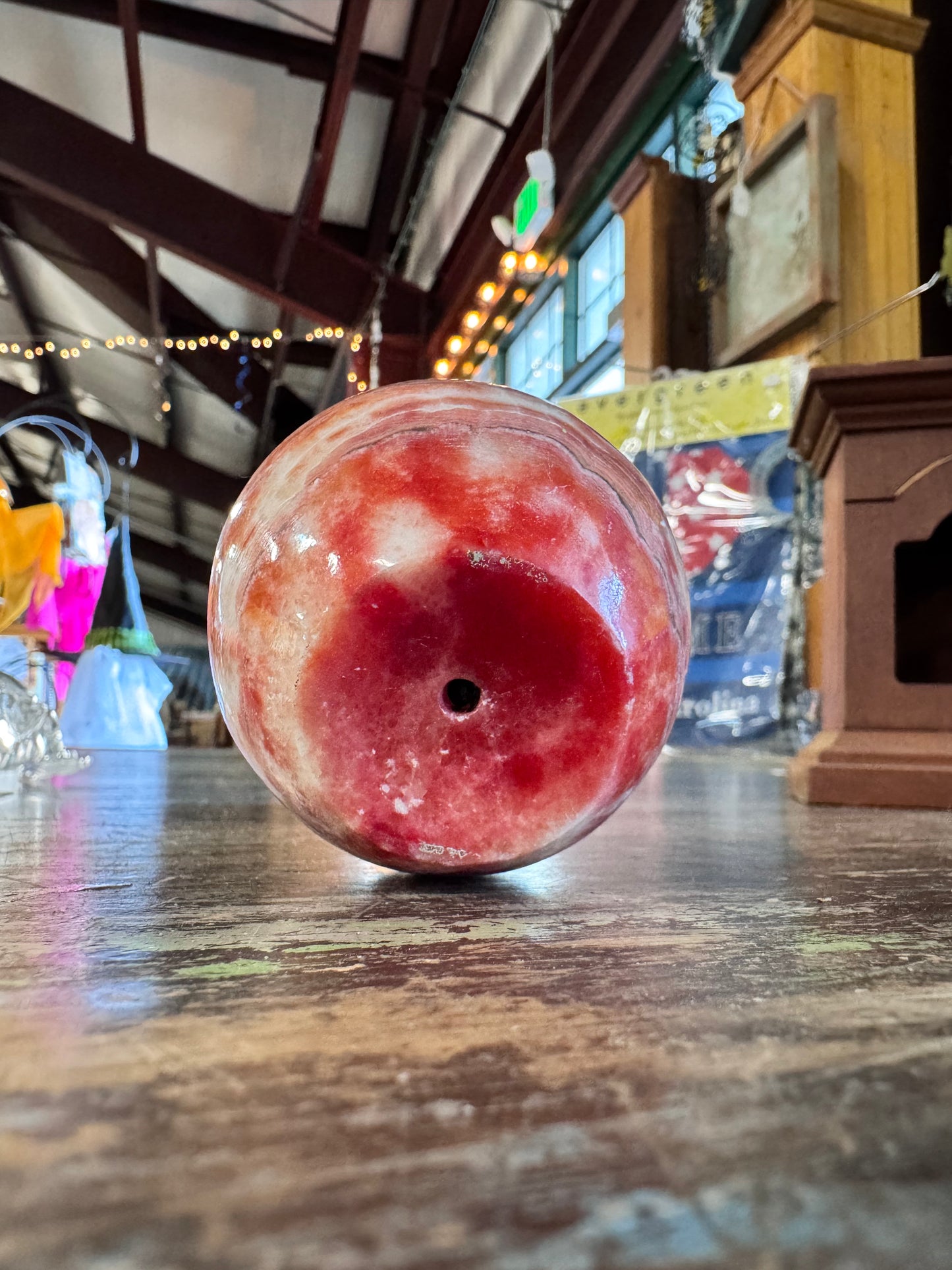 Hand Carved Red Onyx Apple - Polished Stone Fruit Sculpture - Natural Banded Marble Decor