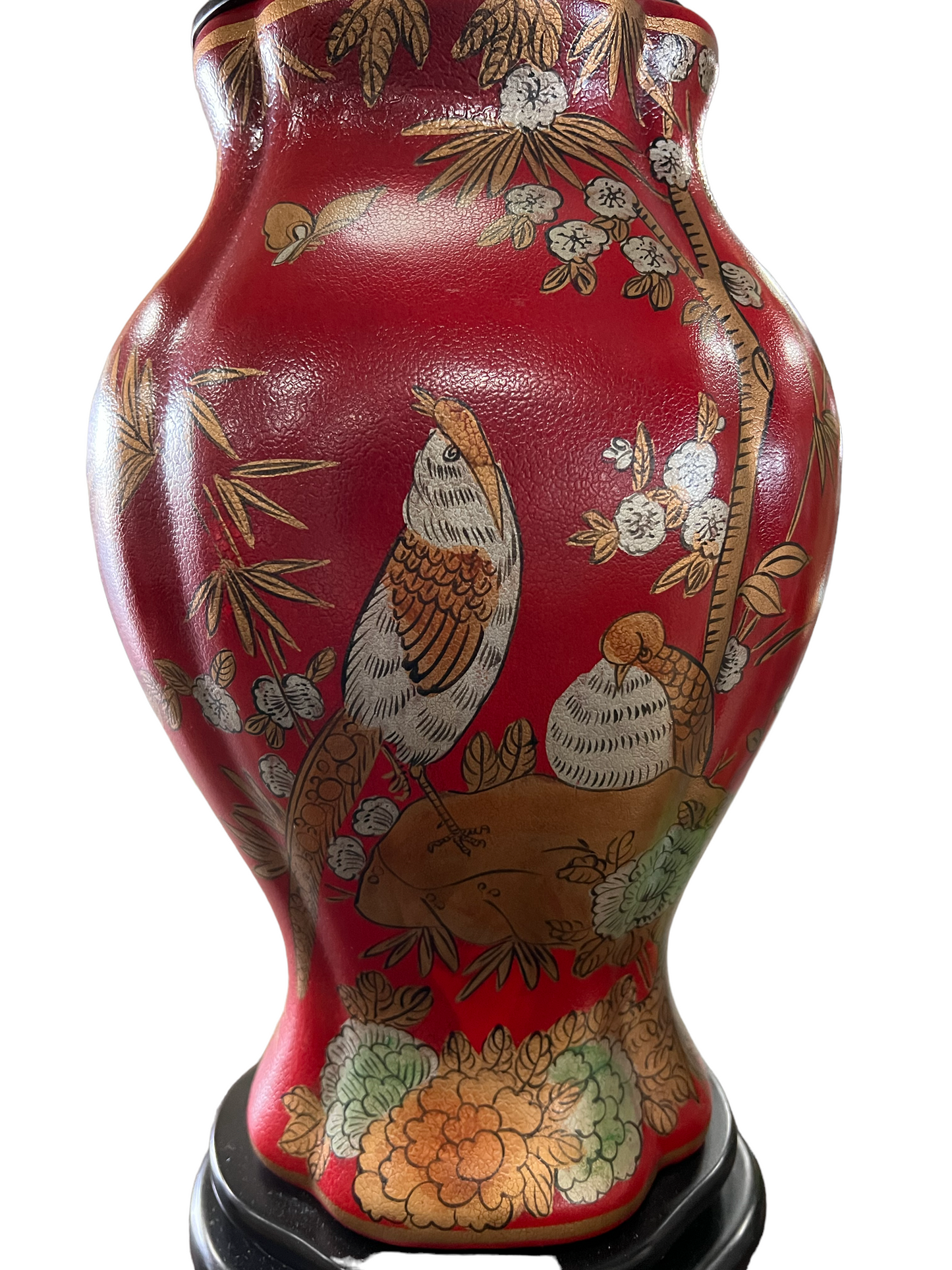 Pheasant and Flower Chinese Red Lacquer Table Lamp
