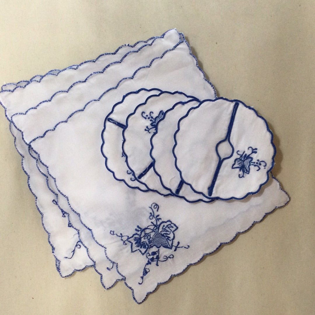 Set of 4 Embroidered Cocktail Napkins and Matching Wine Glass Covers