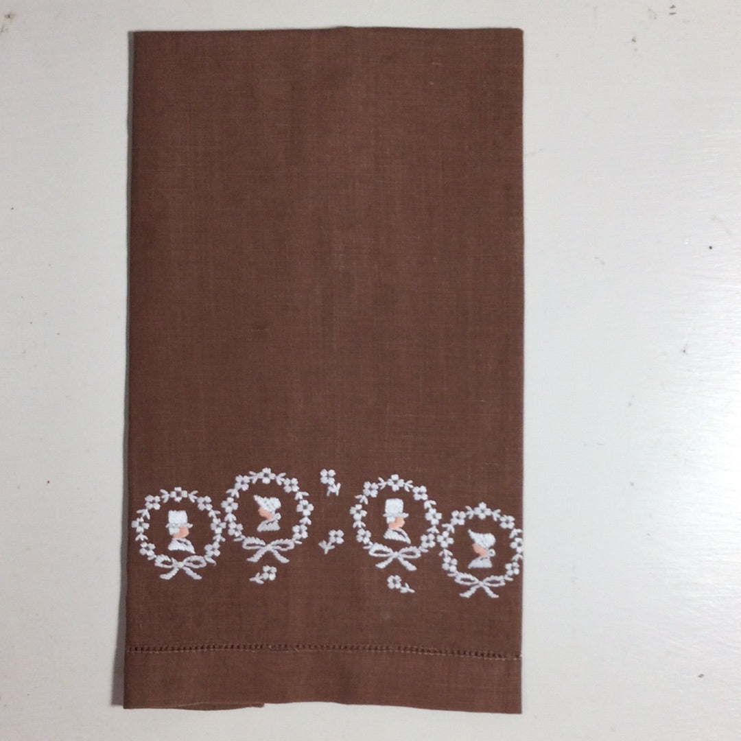 Embroidered Brown Linen Tea Towel