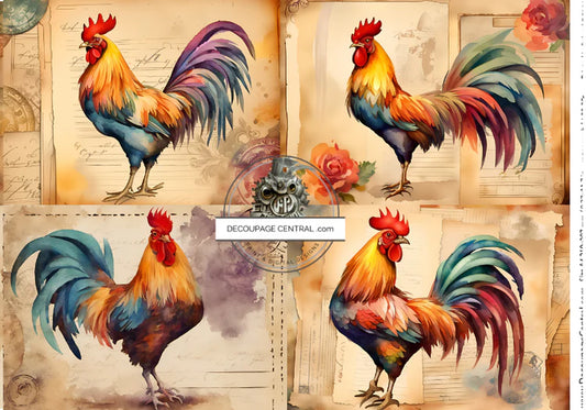 A4 Roosters on Parchment Rice Paper
