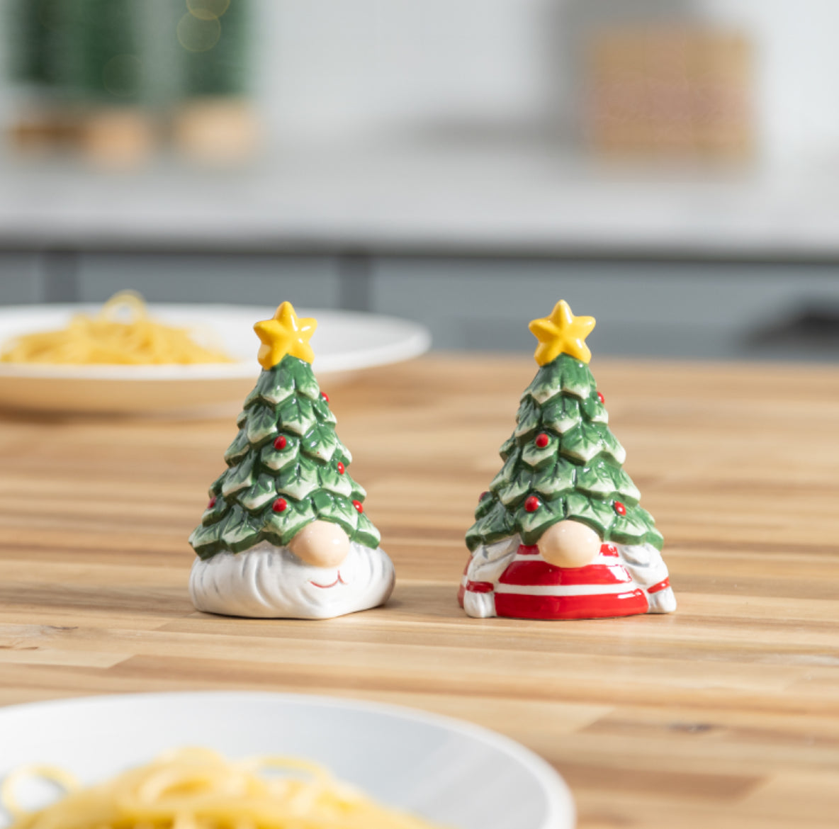 Ceramic Salt and Pepper Set, Christmas Tree Gnomes