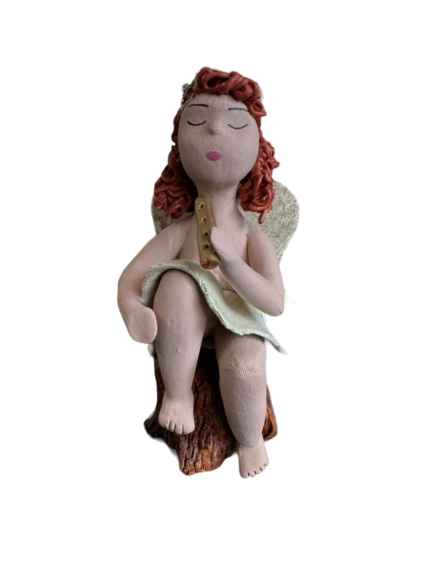 Angel Figurine with Flute Red Hair on stump