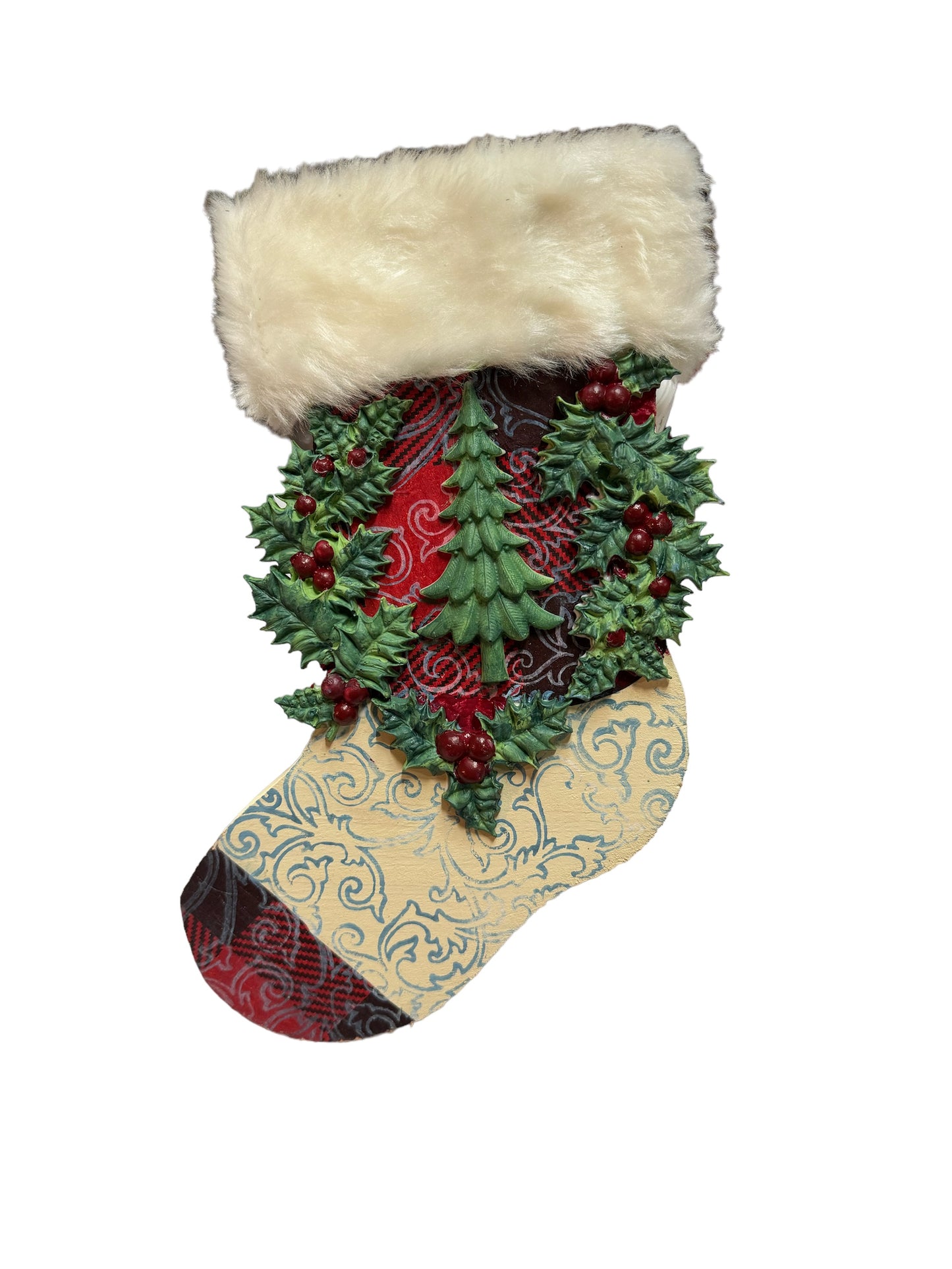 Wooden Christmas Stocking Buffalo Plaid Holly & Tree