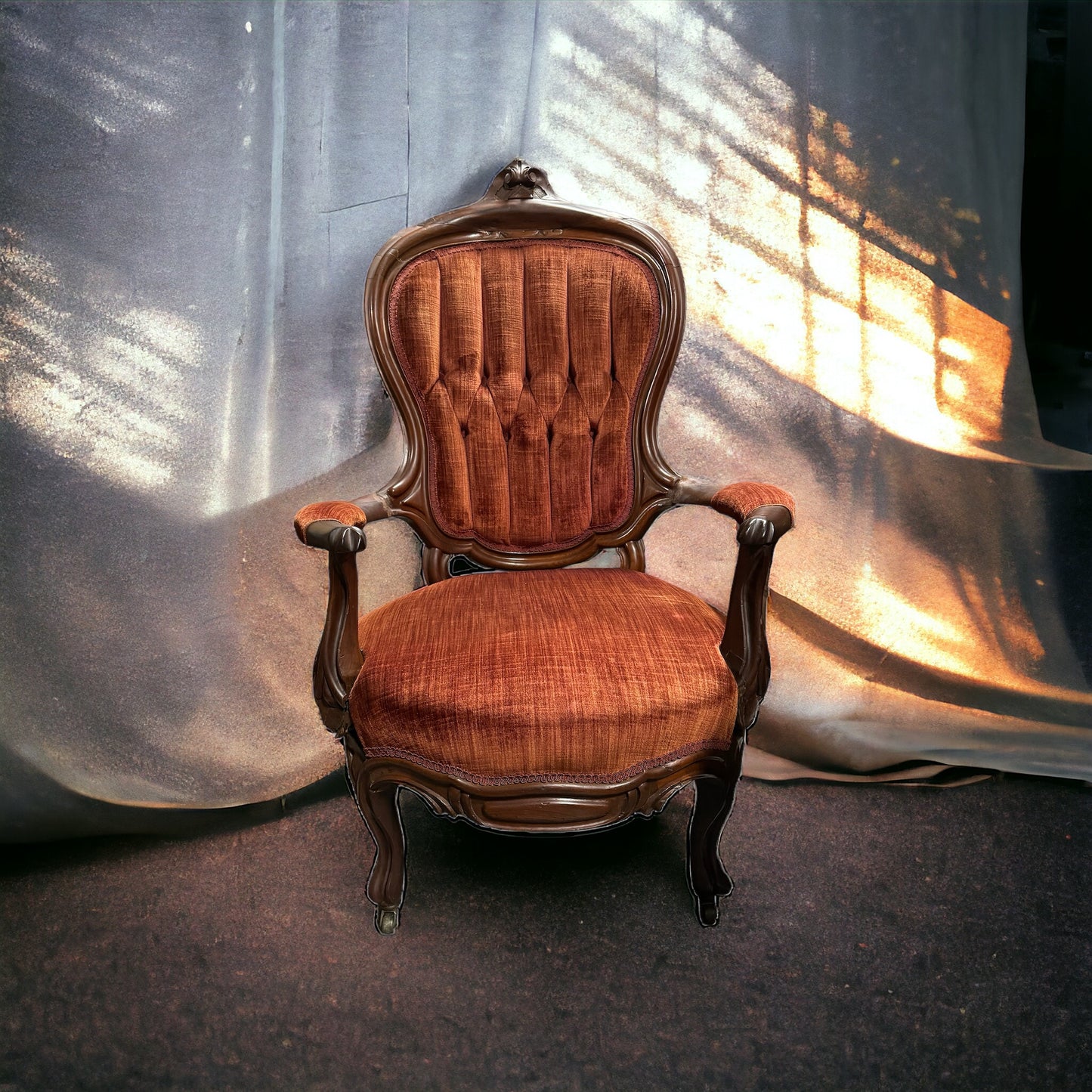 Handcarved Rosewood Velvet Upholstered Armchair