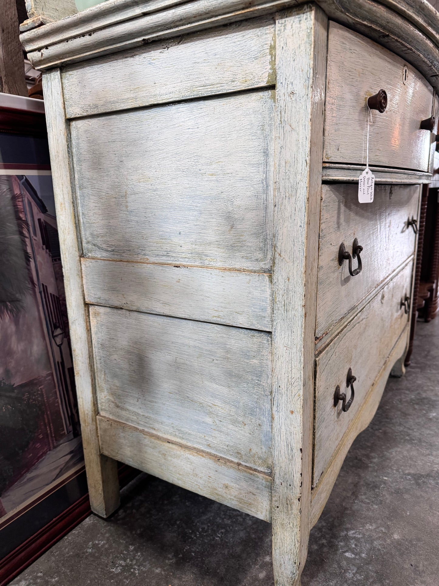 Antique White Bow Front Dresser and Mirror