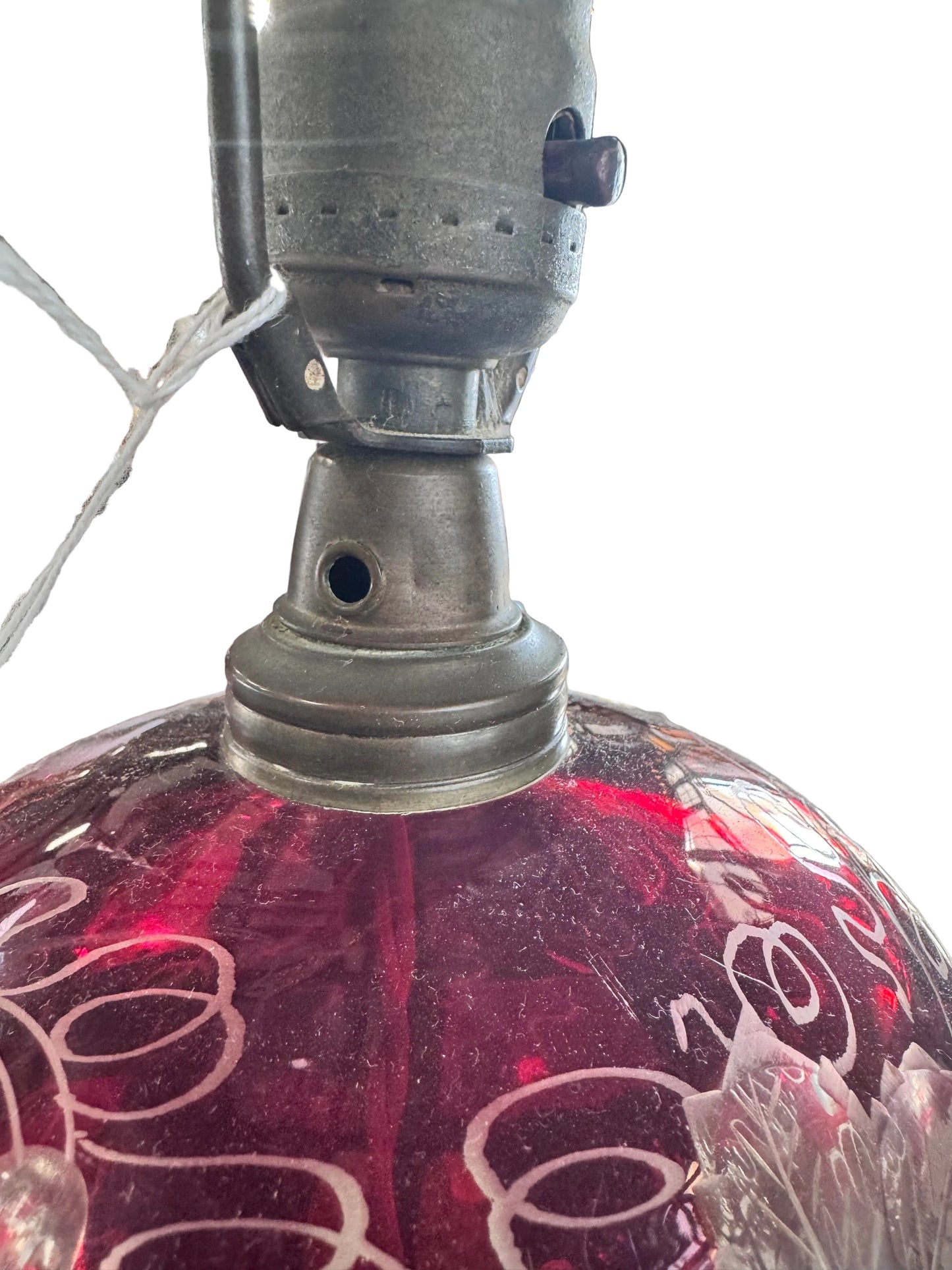 Antique Table Lamp Ruby Red Cut to Clear with Marble and Bronze Base