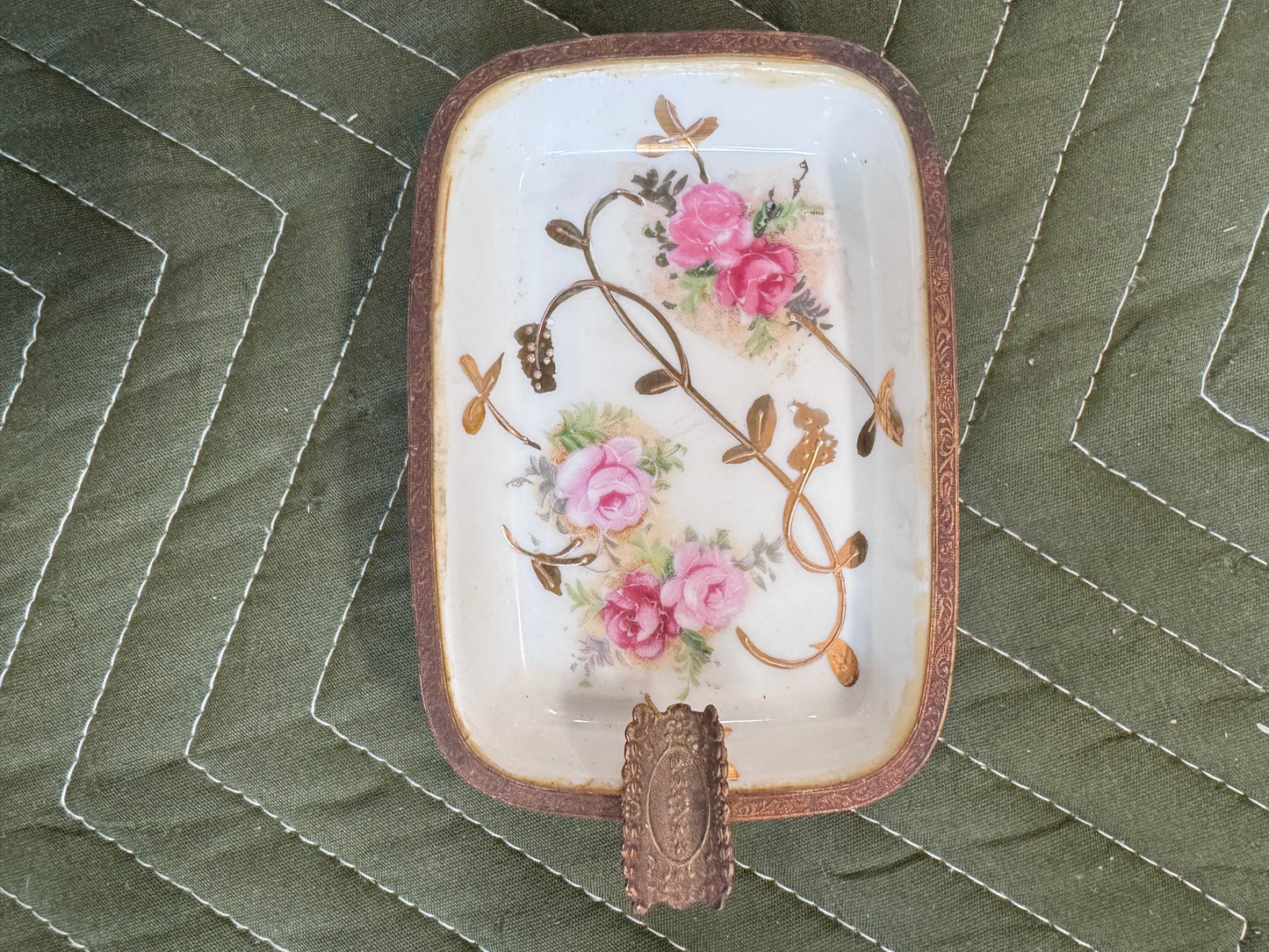 Vintage Hand Painted Porcelain & Brass Ladies Footed Ash Tray
