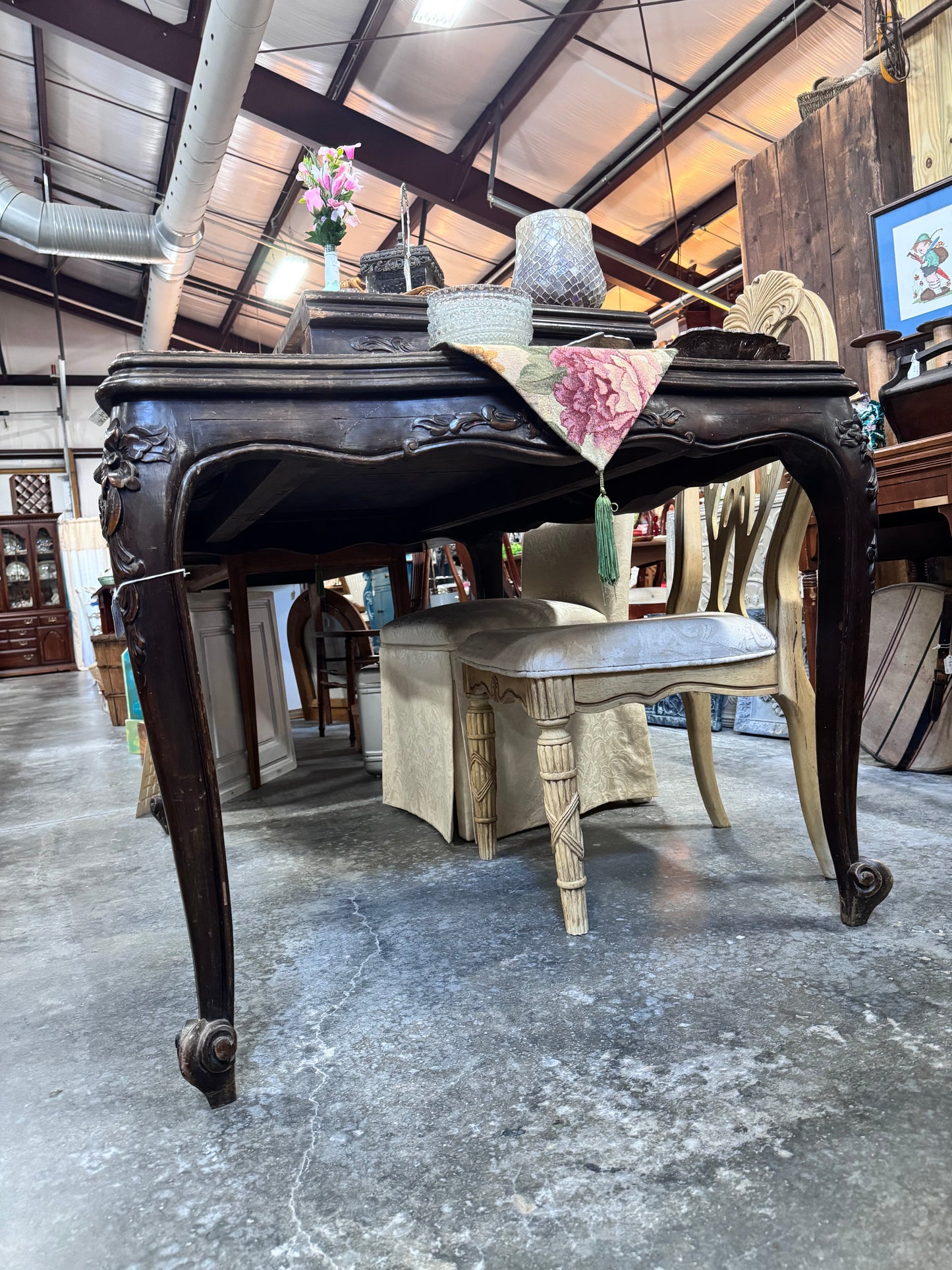 Carved and Inlaid French Rococco Style Dining Table with Leaf