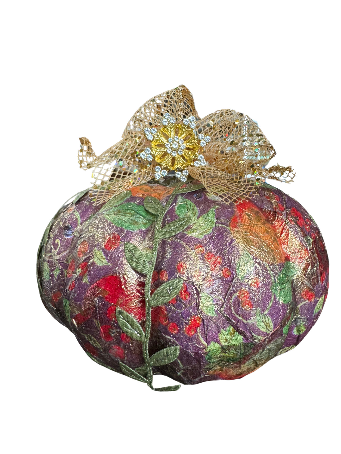 Pumpkin Purple & Orange Decoupage w/Gold & Greenery by local artist, Glitter & Gold