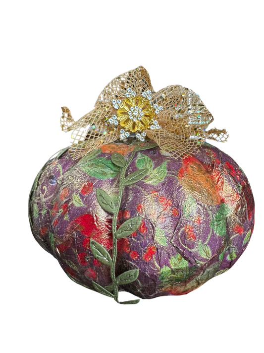 Pumpkin Purple & Orange Decoupage w/Gold & Greenery by local artist, Glitter & Gold