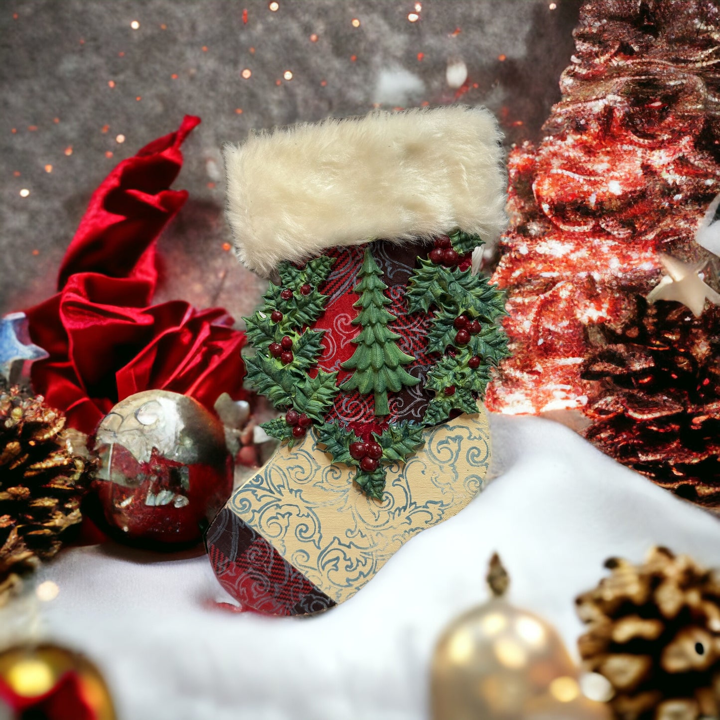 Wooden Christmas Stocking Buffalo Plaid Holly & Tree