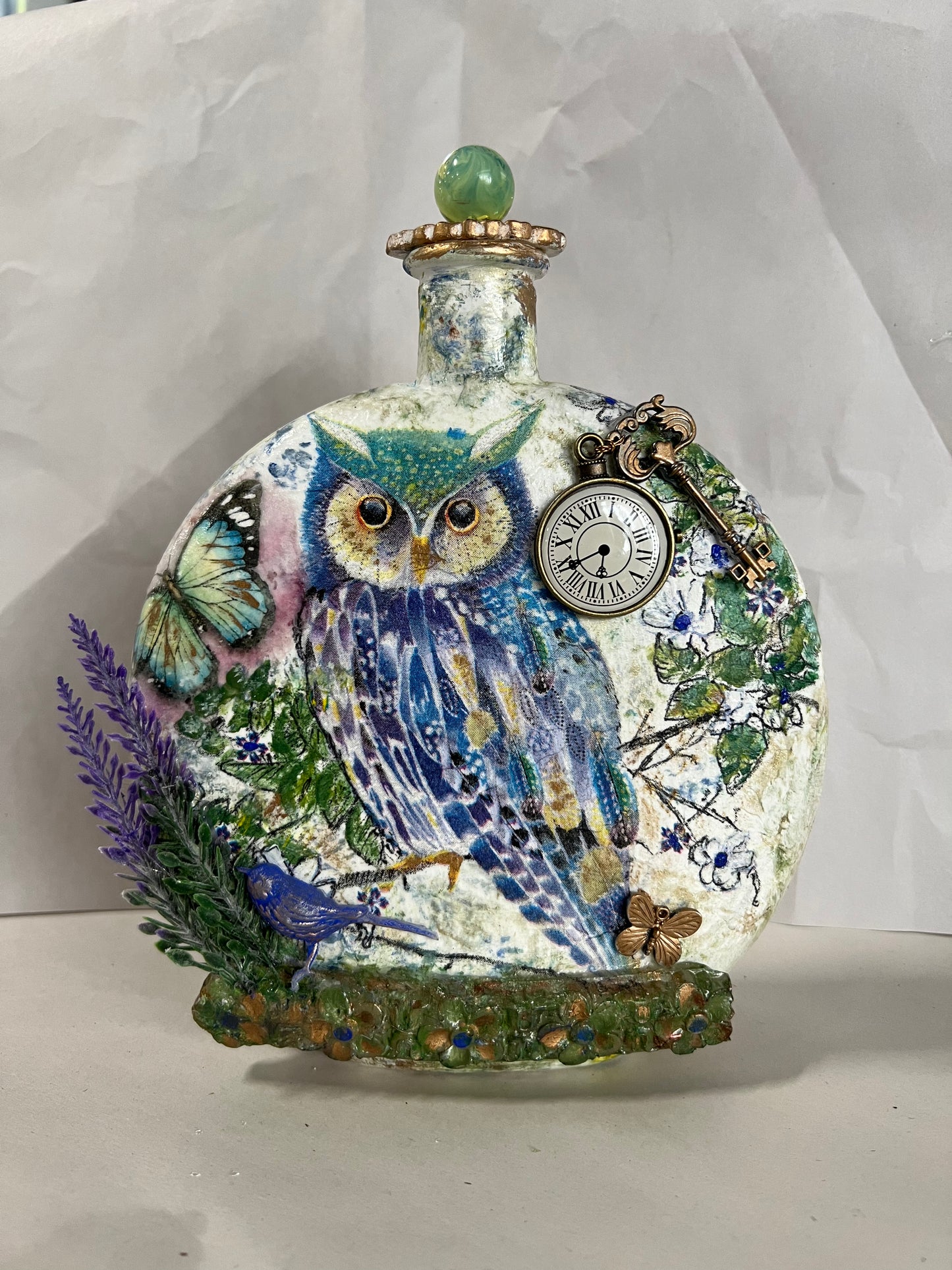 Embellished Glass Bottle - Owl with Clock & Key