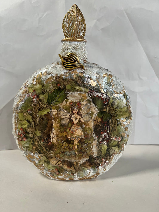 Embellished Glass Bottle - Winter Fairies & Christmas Tree in Window (2-sided)