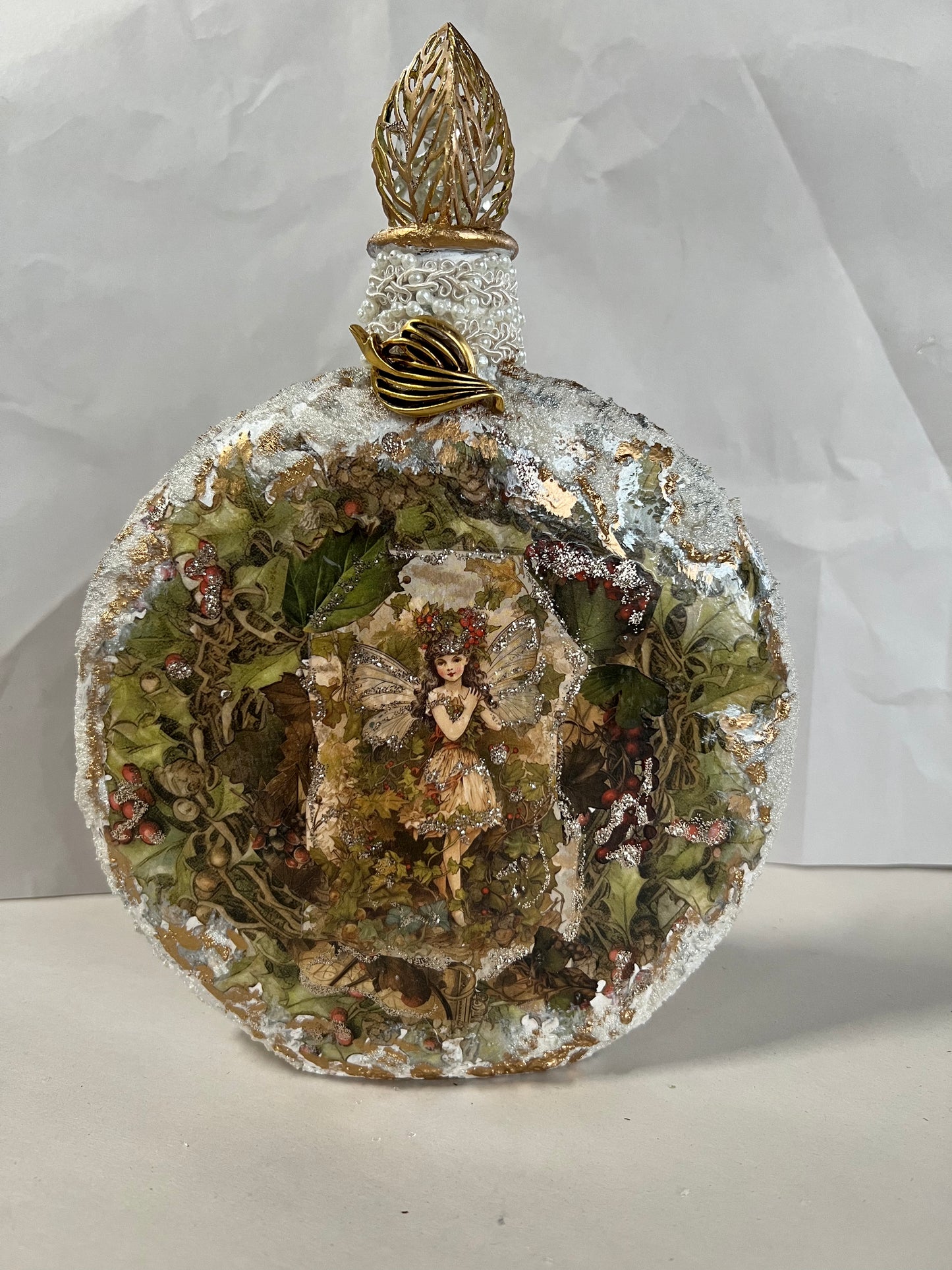 Embellished Glass Bottle - Winter Fairies & Christmas Tree in Window (2-sided)