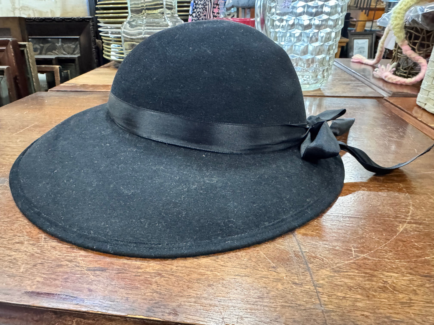 Vintage Black Wool Asymmetrical Hat with Ribbon
