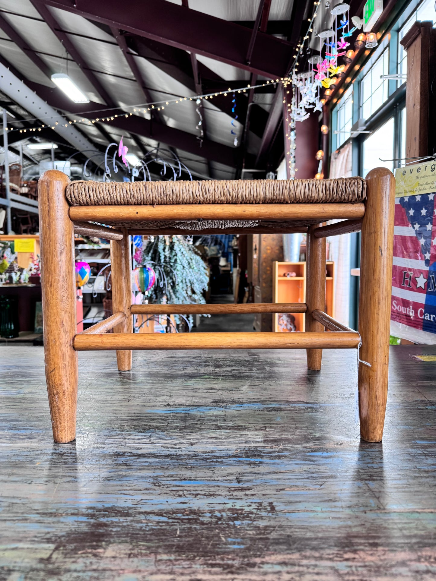 Vintage Wood and Rush Woven Footstool