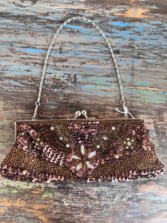 Vintage Chocolate Brown and Copper Beaded and Sequined Evening Bag