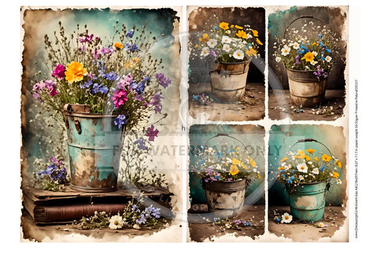 A4 DC527 The Old Bucket Wildflowers Decoupage Central Rice Paper