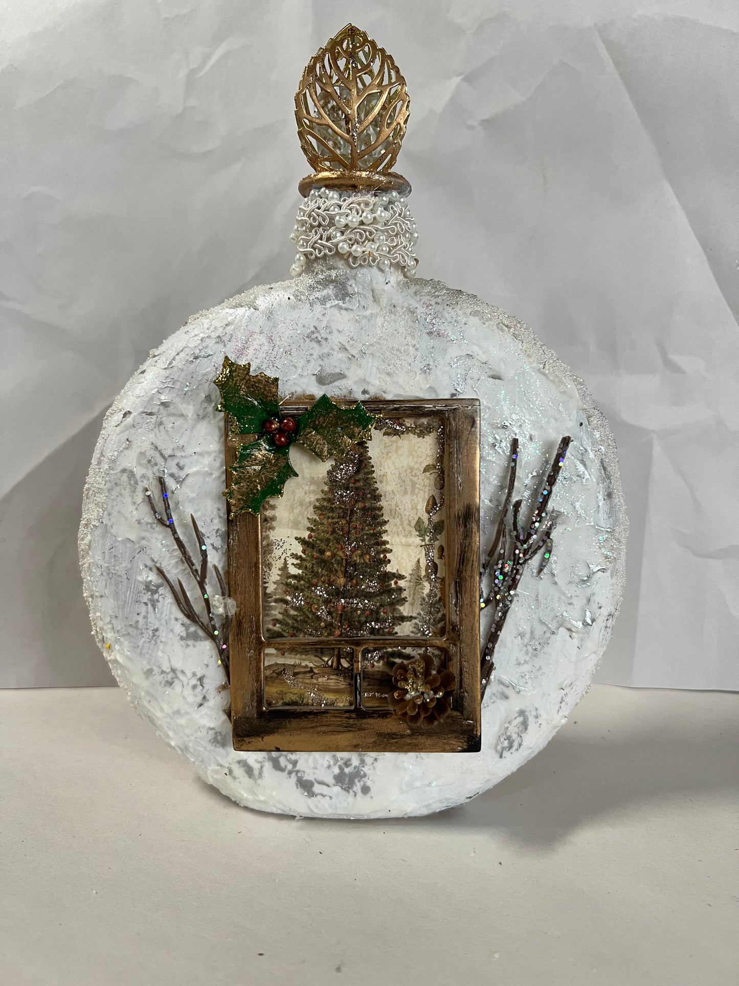 Embellished Glass Bottle - Winter Fairies & Christmas Tree in Window (2-sided)