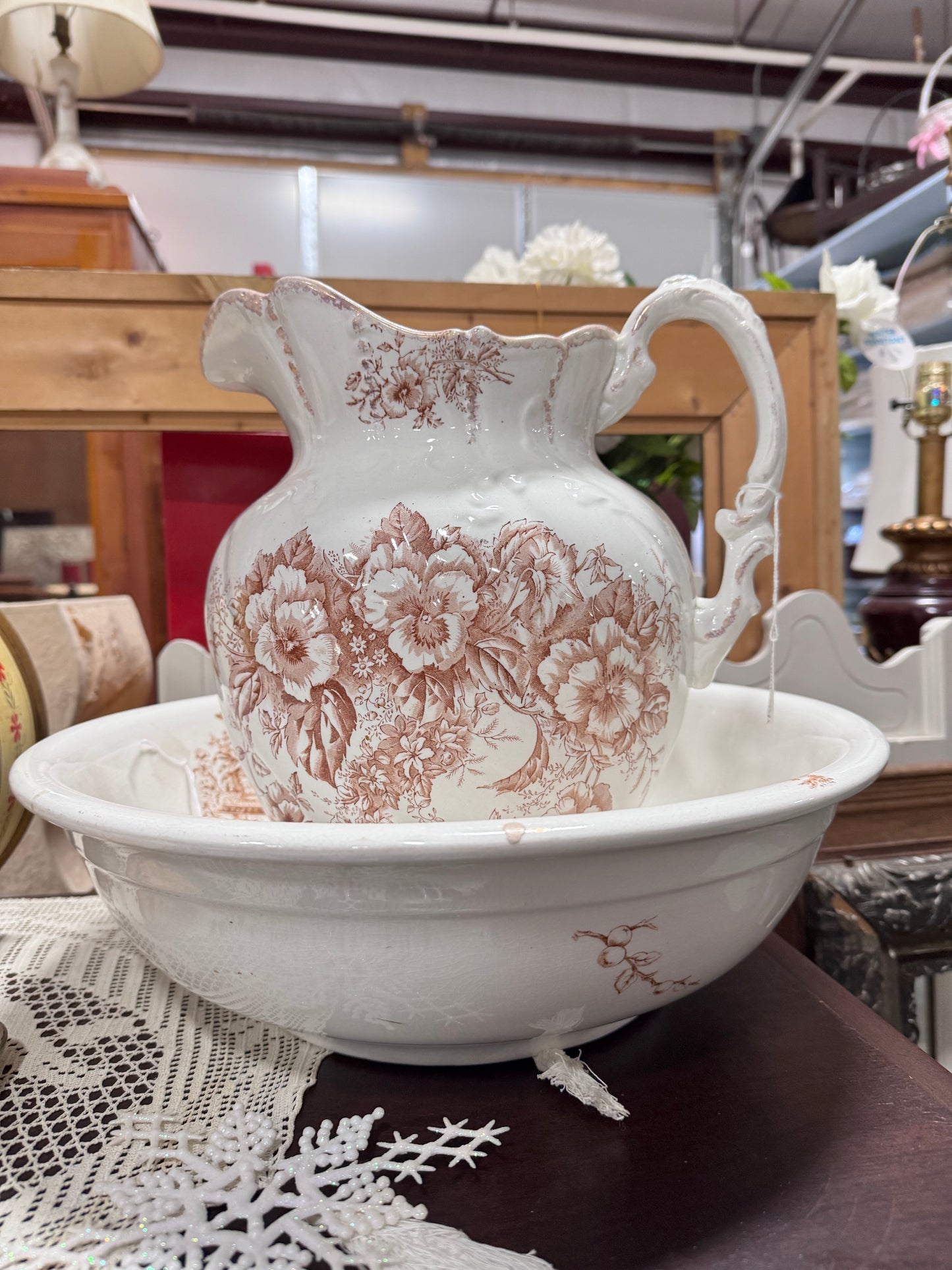 Antique Brown Transferware Floral Large Water Pitcher