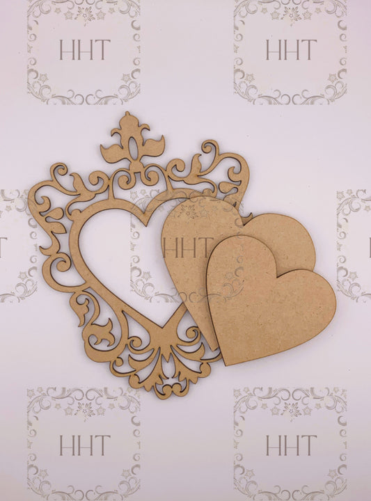 MDF Scrolled Heart Ornament with Overlay, 3 pieces