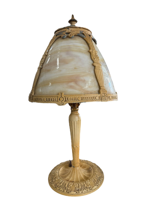 Early Century Oval Shade 4-panel Slag Glass Boudoir Lamp