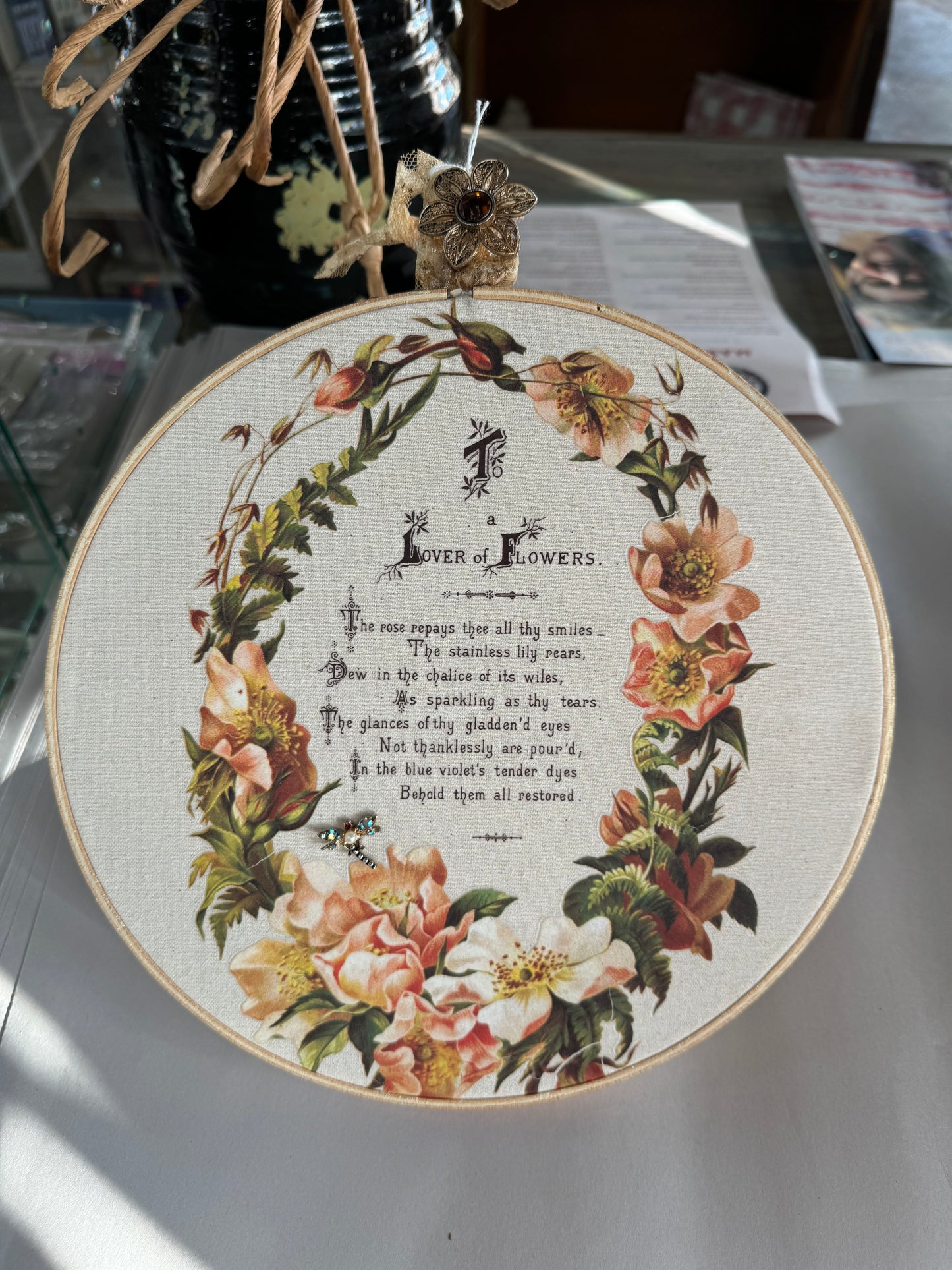 "To a Lover of Flowers" Hoop-framed Textile Wall Art by local artist, Glitter & Gold