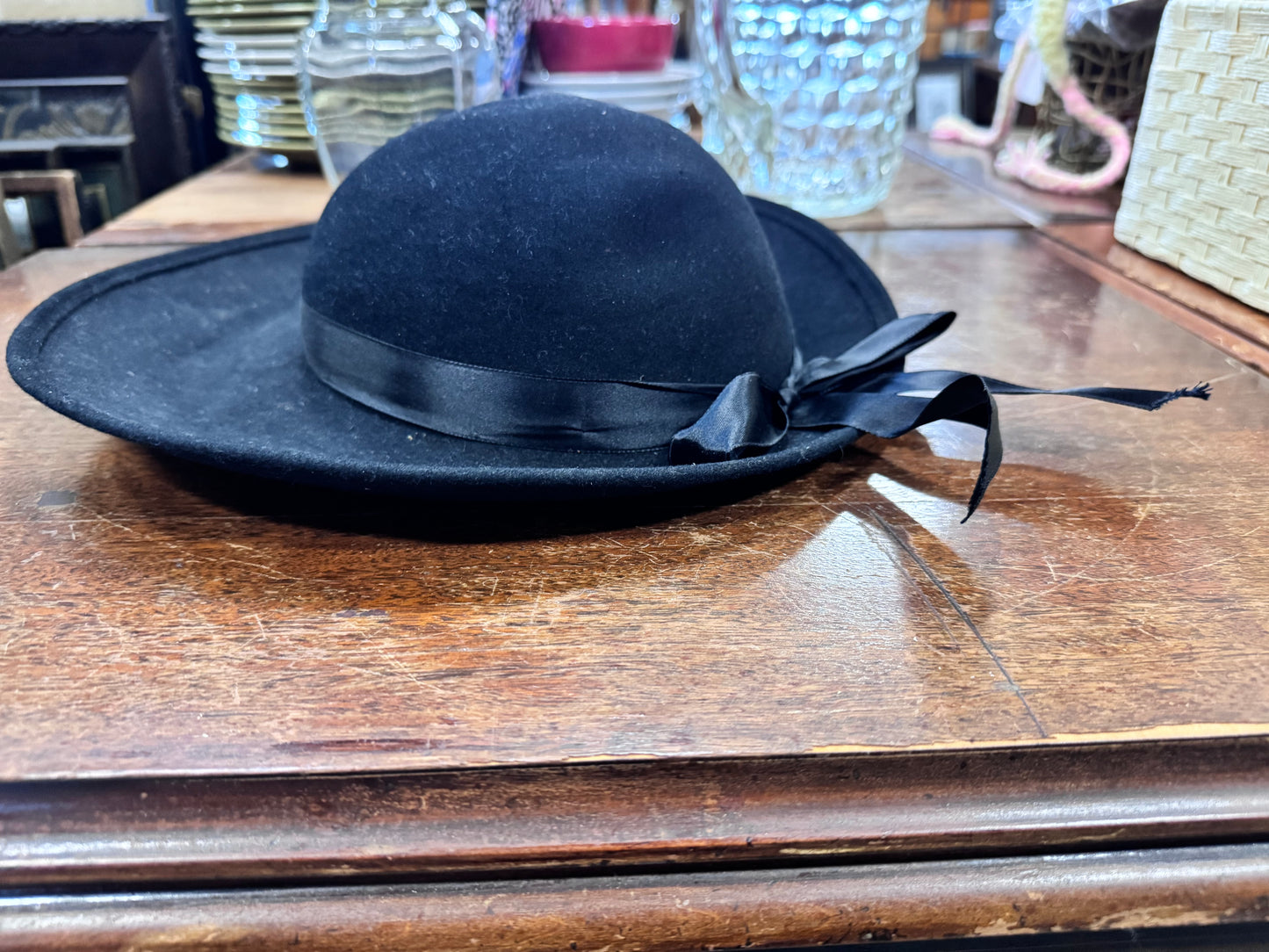 Vintage Black Wool Asymmetrical Hat with Ribbon