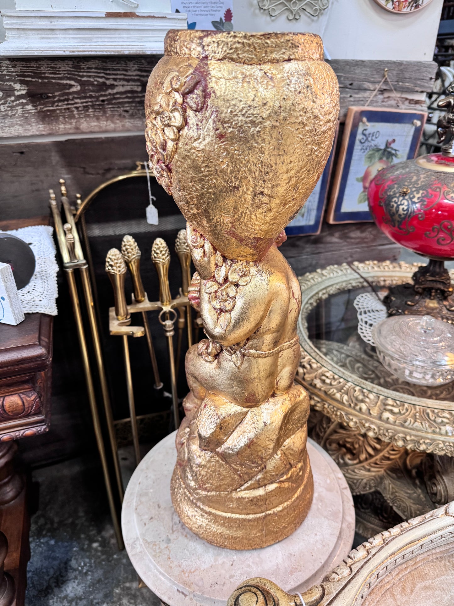 Vintage Plaster Gilded Cherub Planter