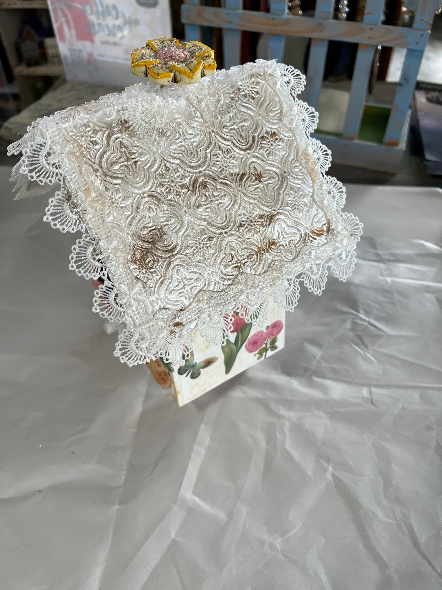 Handcrafted Wooden Birdhouse with Lace and Florals