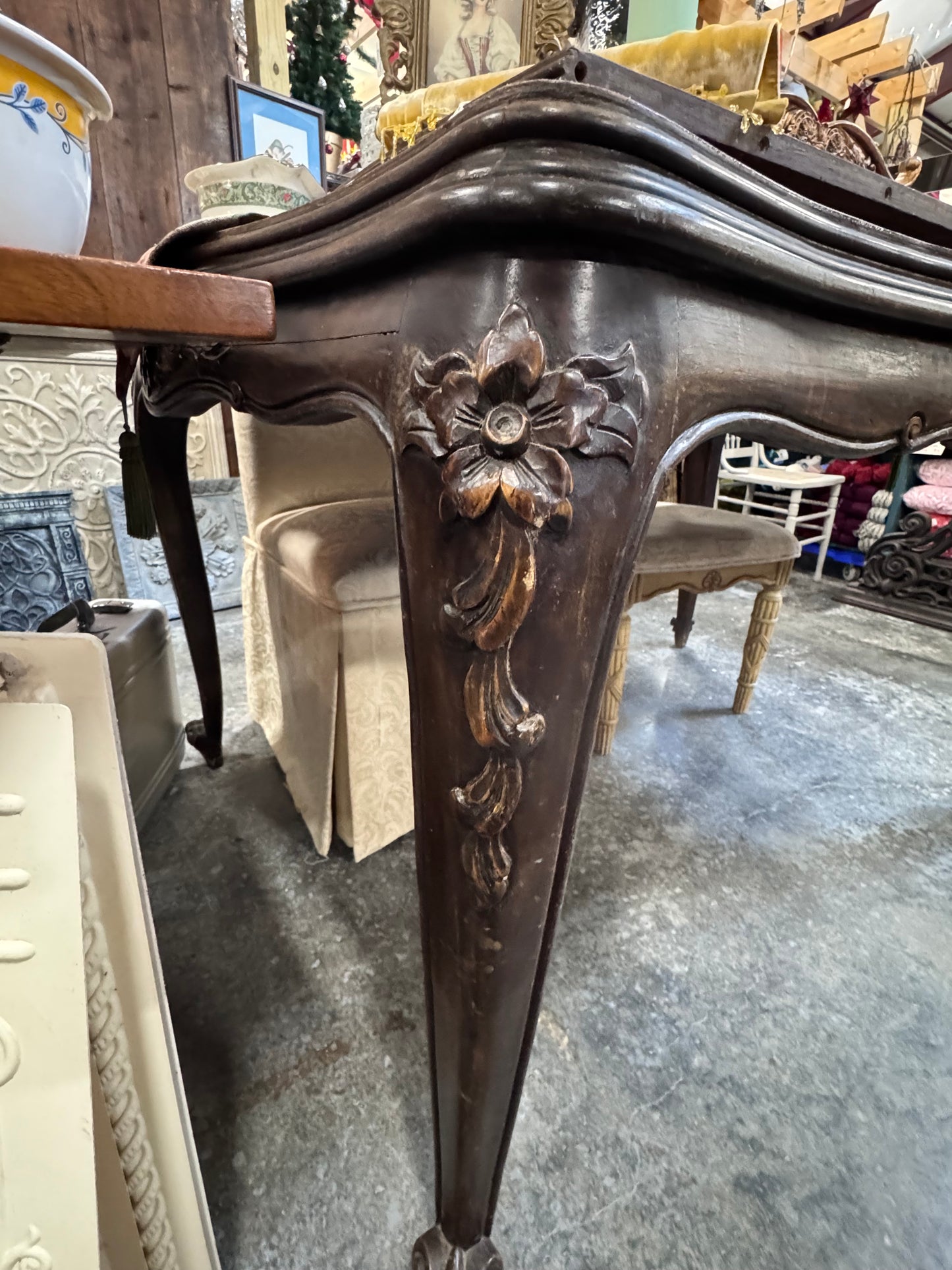 Carved and Inlaid French Rococco Style Dining Table with Leaf