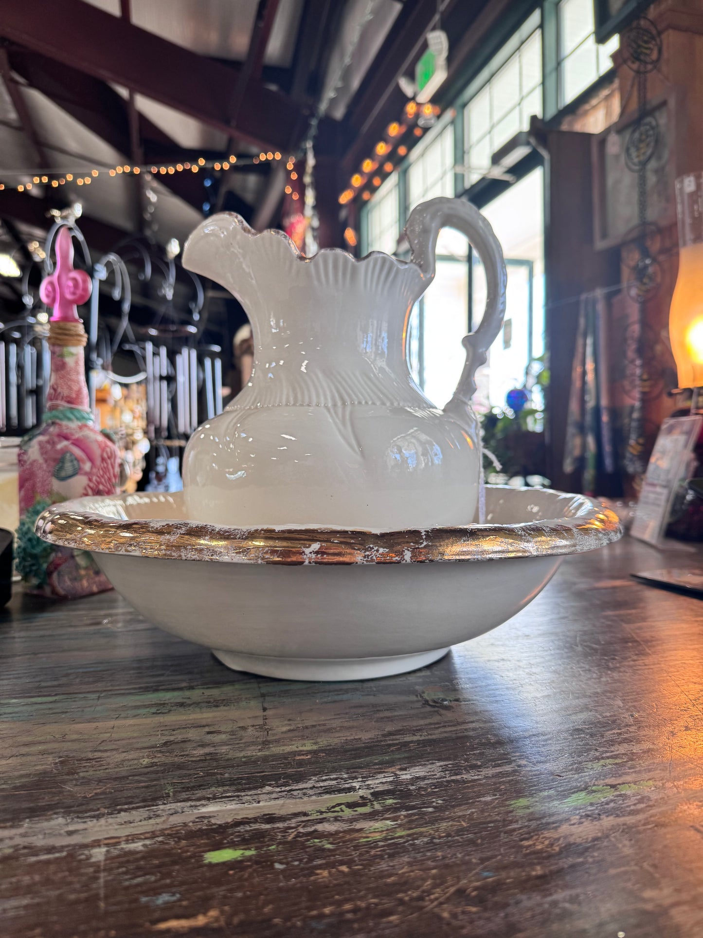 Vintage Ceramic Wash Basin and Pitcher Cream and Gold