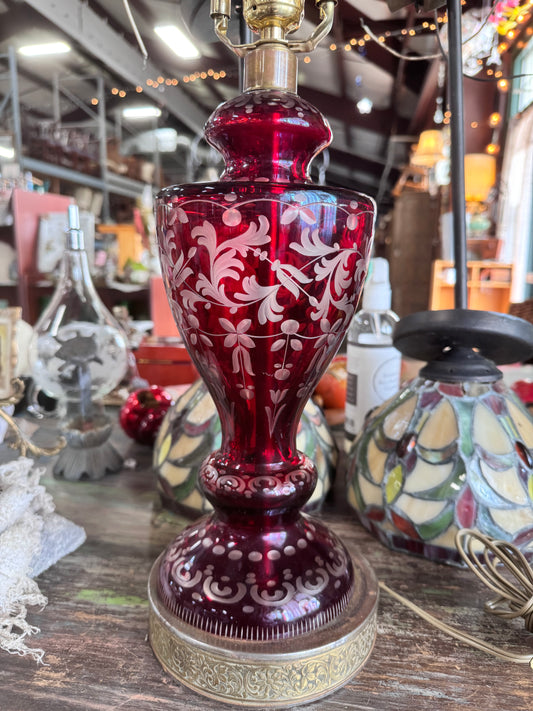 Vintage Czechoslovakian Cut to Clear Cranberry Glass Lamp