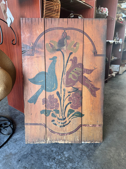 Vintage Hand-Painted Folk Art Wooden Panel – Birds & Flowers – Rustic Pennsylvania Dutch Style Decor