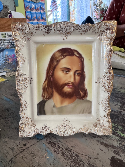 Vintage Ceramic Planter w/ Portait of Jesus and Gold Trim