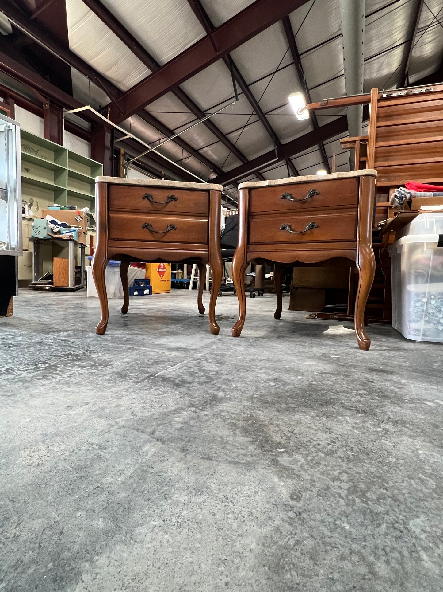 Vintage Solid Wood Marble Top French Provincial Style End Tables/Nightstands-Pair-