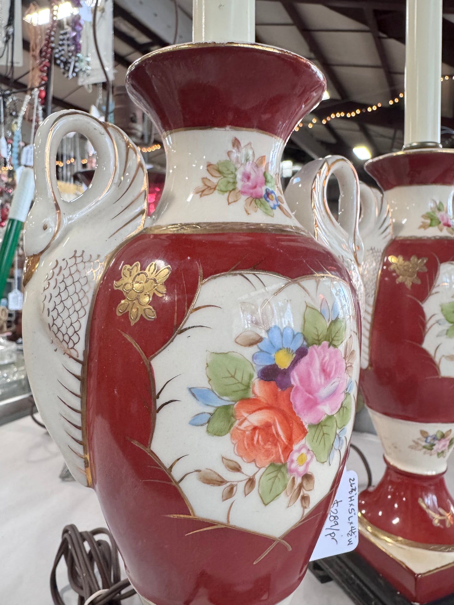 Vintage Porcelain Swan Urn Table Lamp Pair