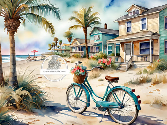 DC332 A4 Beach Bike Flowers Rice Decoupage Paper