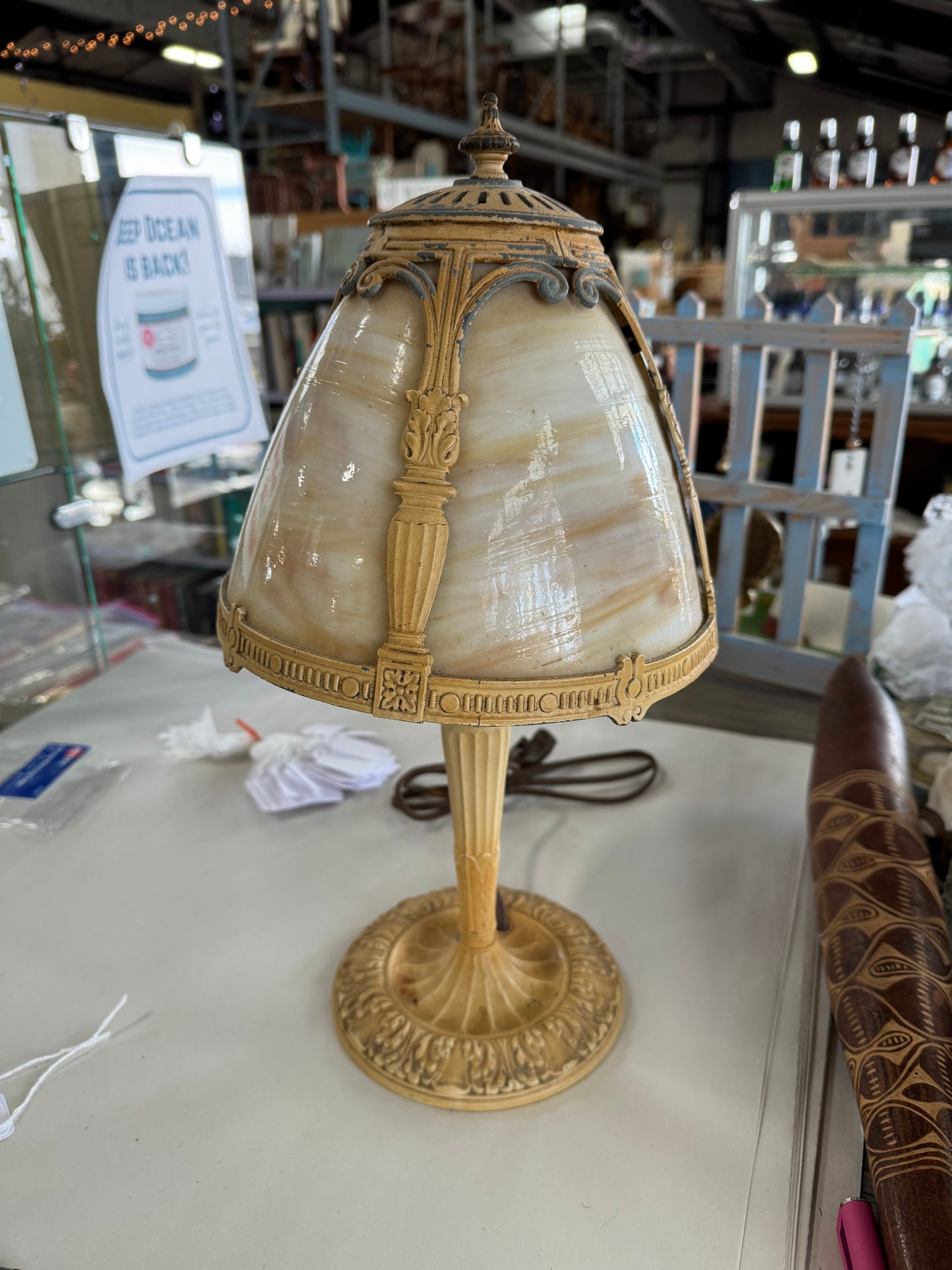 Early Century Oval Shade 4-panel Slag Glass Boudoir Lamp