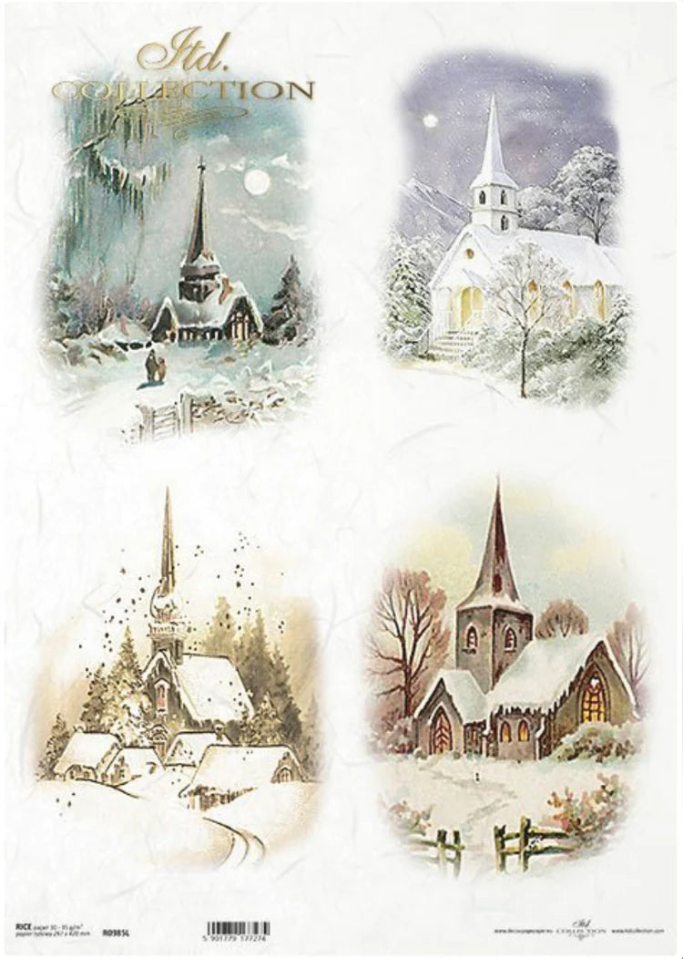 A3 ITD R0985L Winter Church Quads Background Decoupage Central Rice Paper Designs