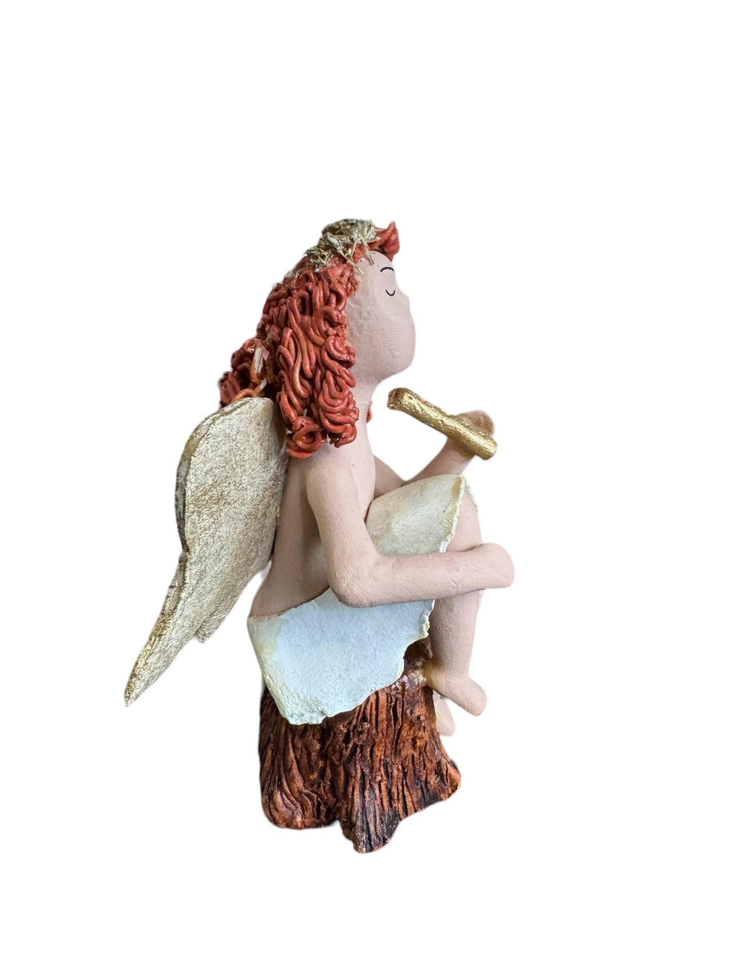 Angel Figurine with Flute Red Hair on stump