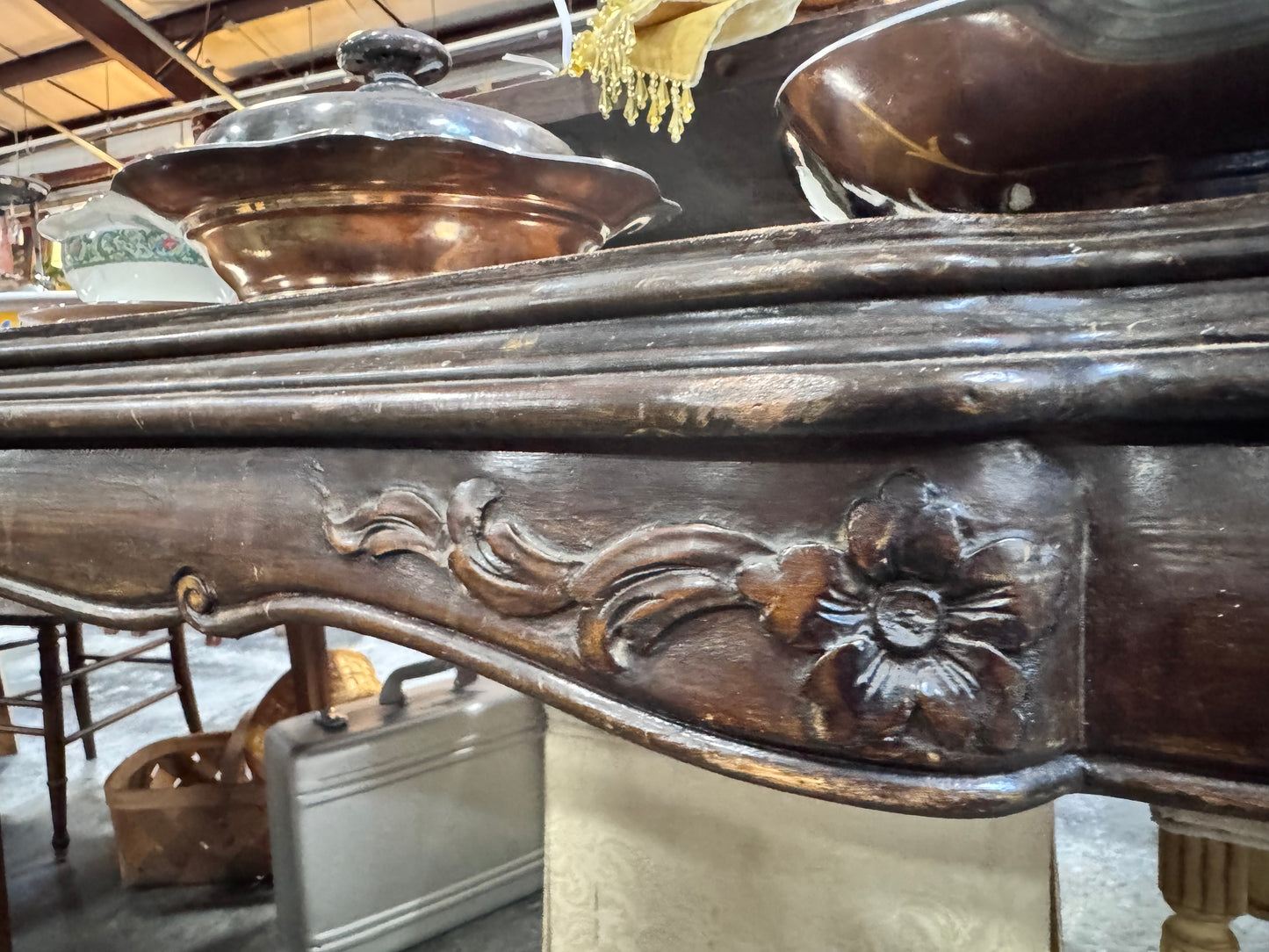 Carved and Inlaid French Rococco Style Dining Table with Leaf