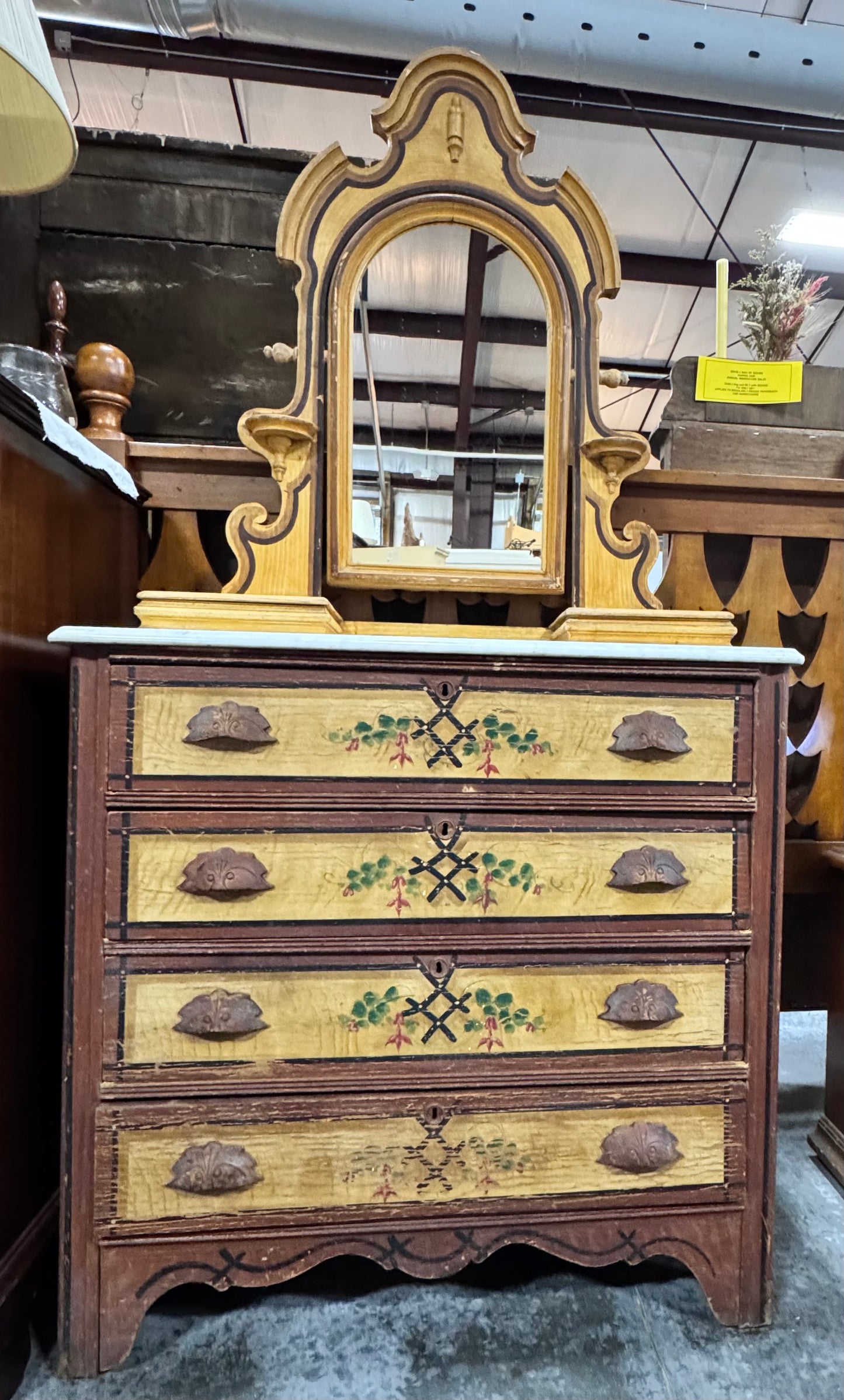 Vintage Cottage Style Painted Dresser with Marble Top & Mirror