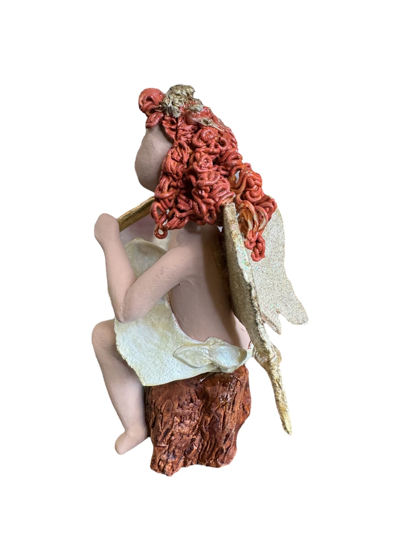 Angel Figurine with Flute Red Hair on stump