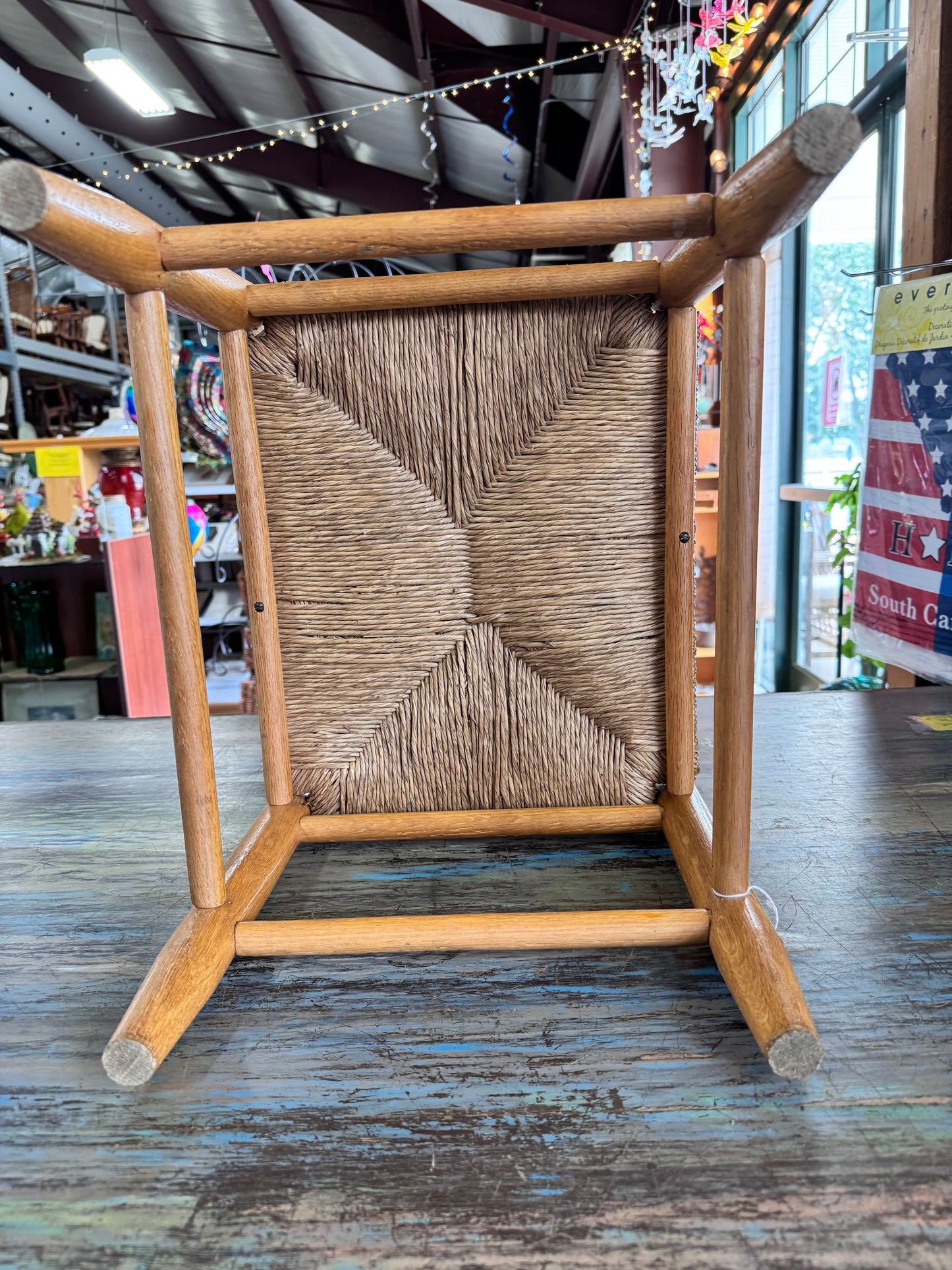 Vintage Wood and Rush Woven Footstool