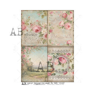 AB Studios Four Shabby Chic Easter Spring Roses Scenes Rice Paper
