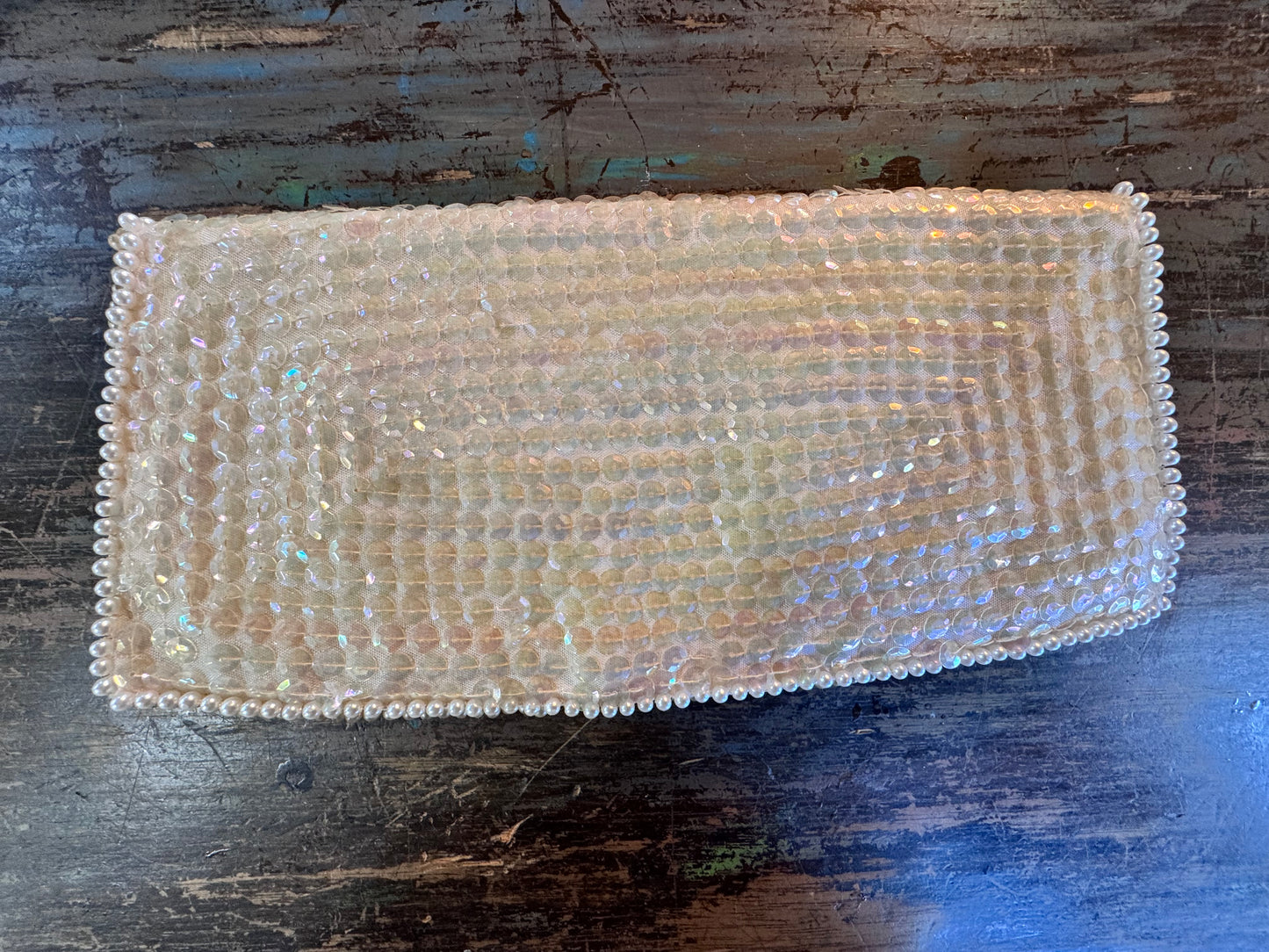 Vintage Ivory Sequin Clutch w/ White and Champagne Pearls