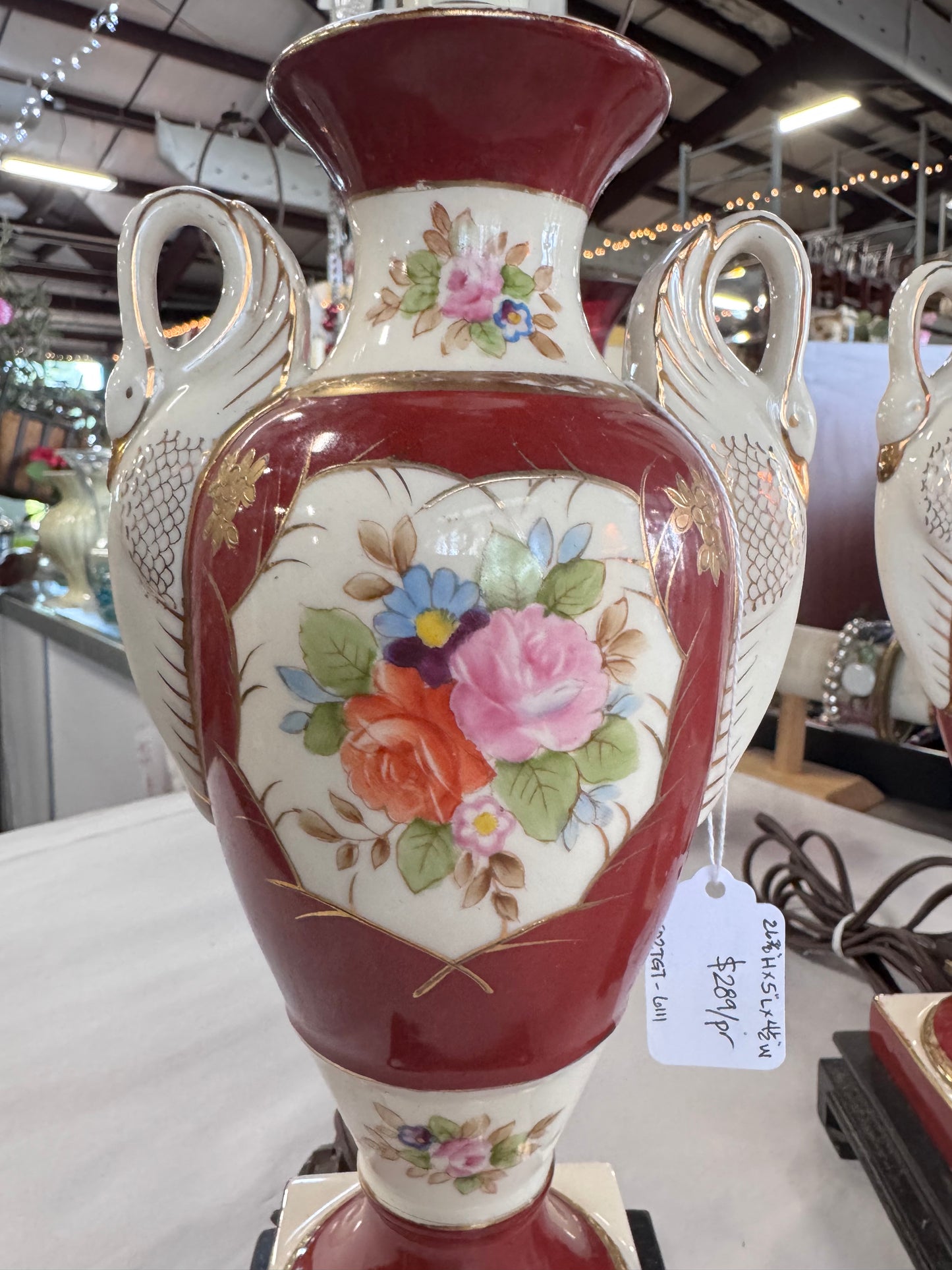 Vintage Porcelain Swan Urn Table Lamp Pair